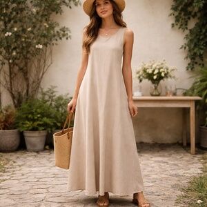 Made in Italy linen maxi dress beige sleeveless summer quiet luxury capsule S